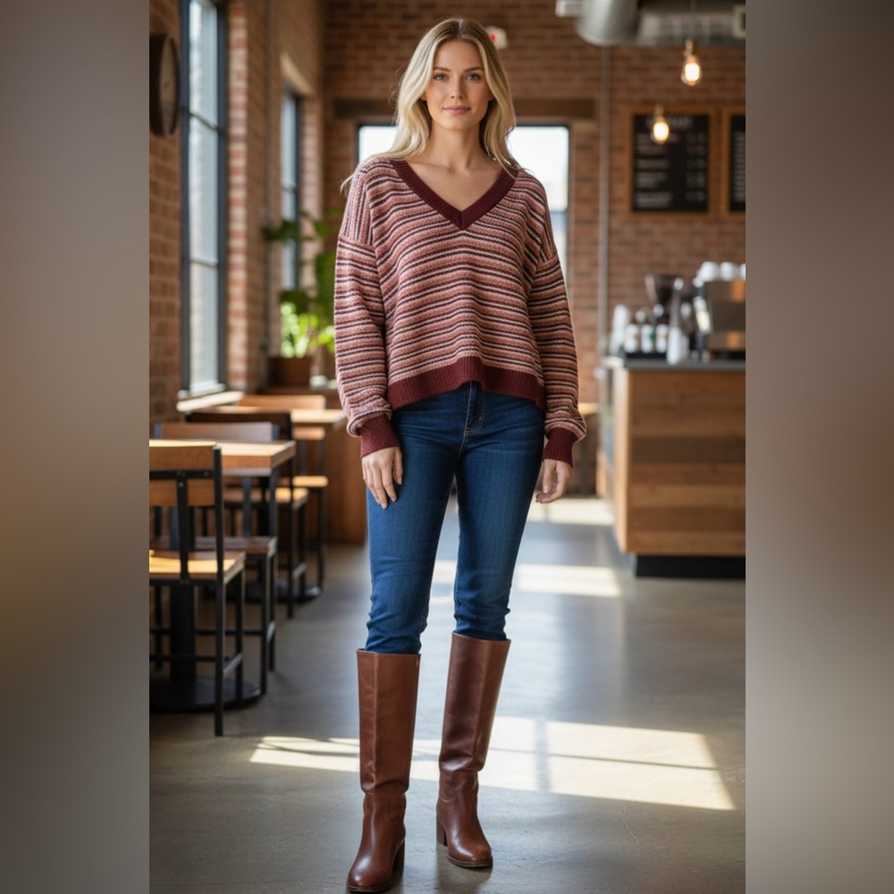 Madewell Women's V-Neck Sweater in Burgundy and Pink Stripes